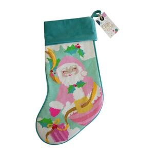 Neiman Marcus Santa Christmas Stocking Turquoise Velvet Needlepoint Nutcracker